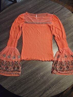 Free People Coral Bell-Sleeve Embroidered Mesh Top